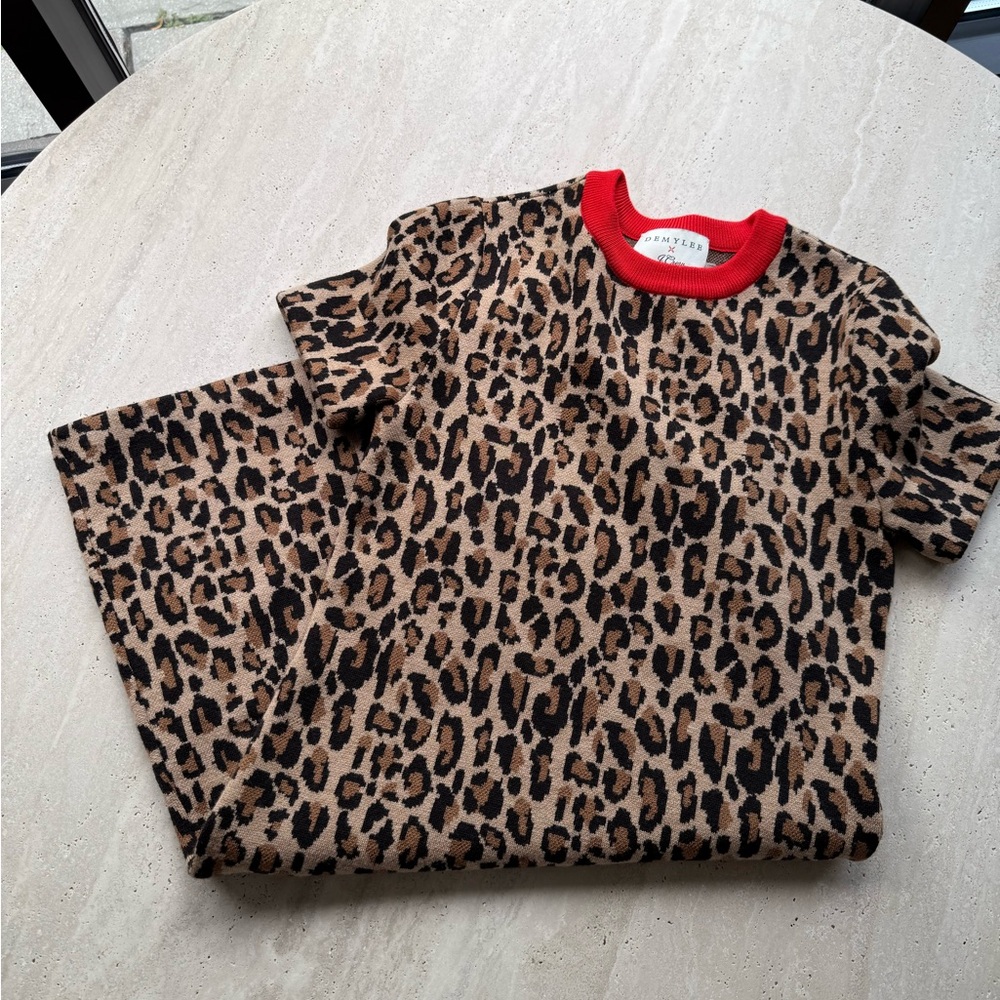 JCrew x Demylee Leopard Print Midi Jacquard Sweater Dress with Red Collar XXS